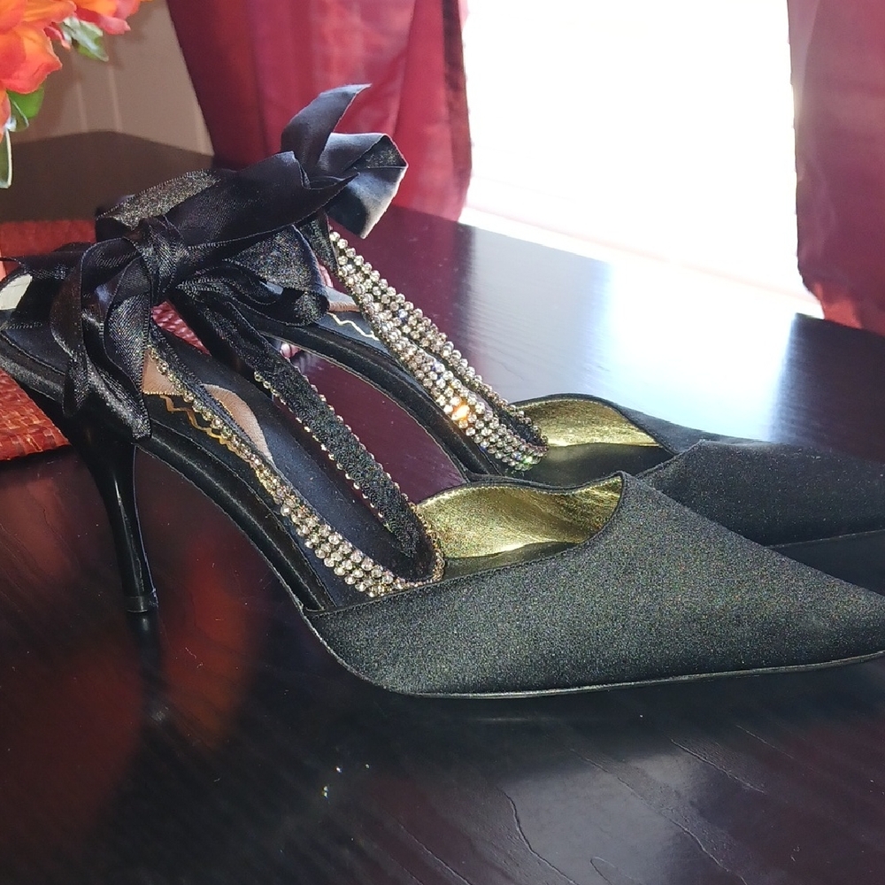 Nina Black Satin Heels with Rhinestone Accents